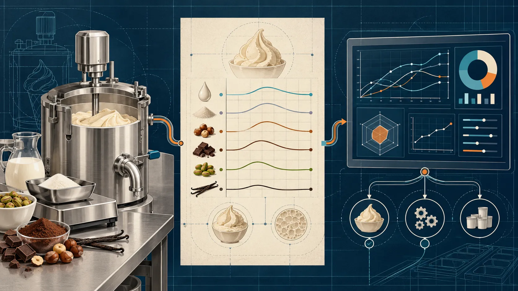 Schema tecnico che collega laboratorio, bilanciamento della ricetta e dashboard di controllo.