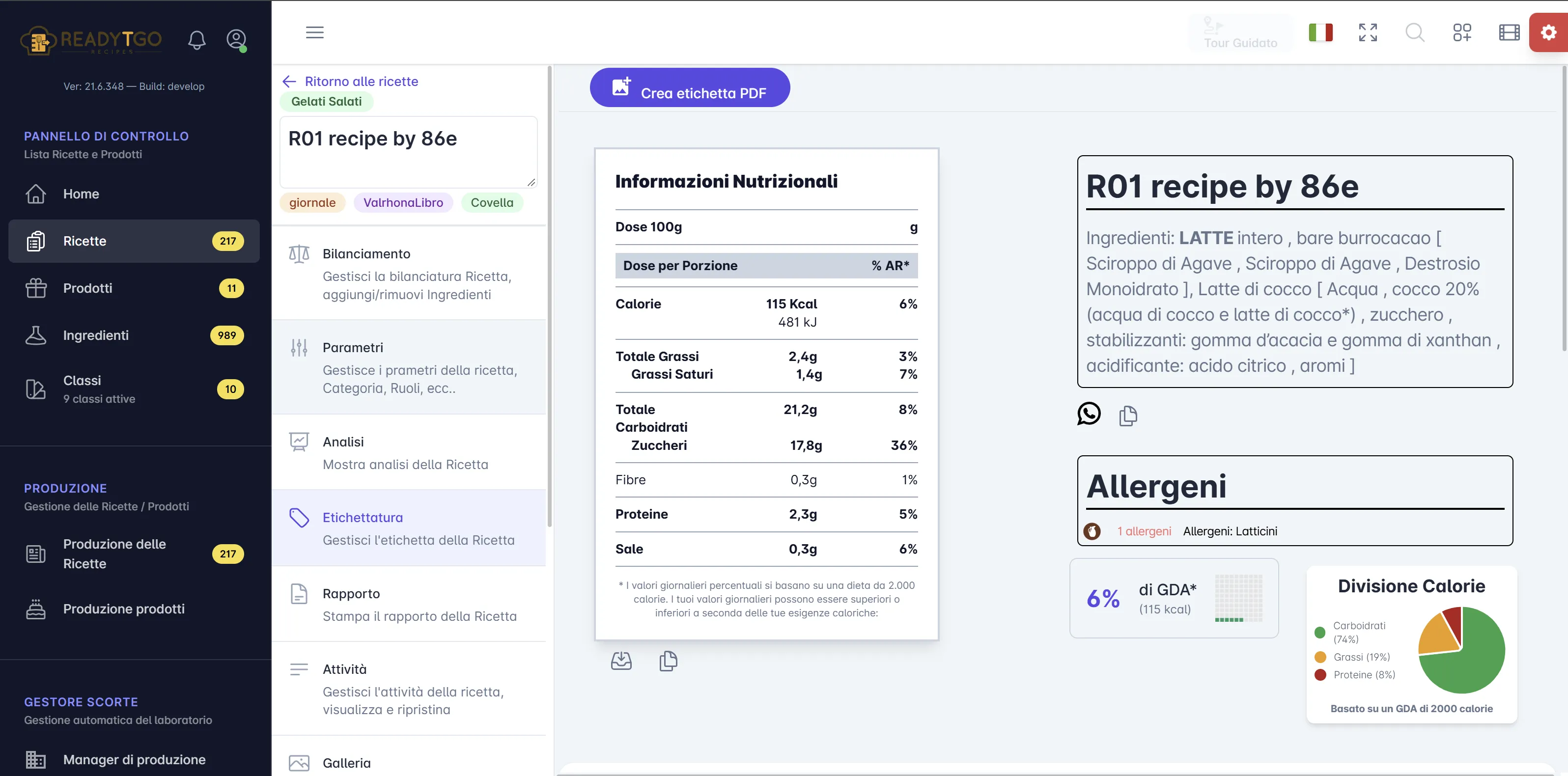 Anteprima ReadyTGO di etichetta nutrizionale e allergeni.