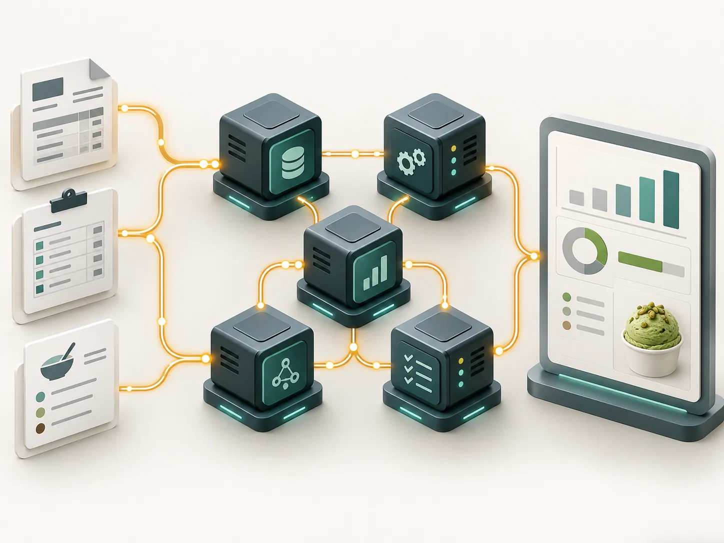 Schema tecnico di agenti automatici che elaborano documenti, ricette e listini fino alla dashboard di costo.